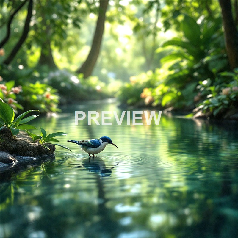 A small blue and white bird stands in a serene, shallow stream surrounded by lush green foliage and dappled sunlight filtering through the trees.